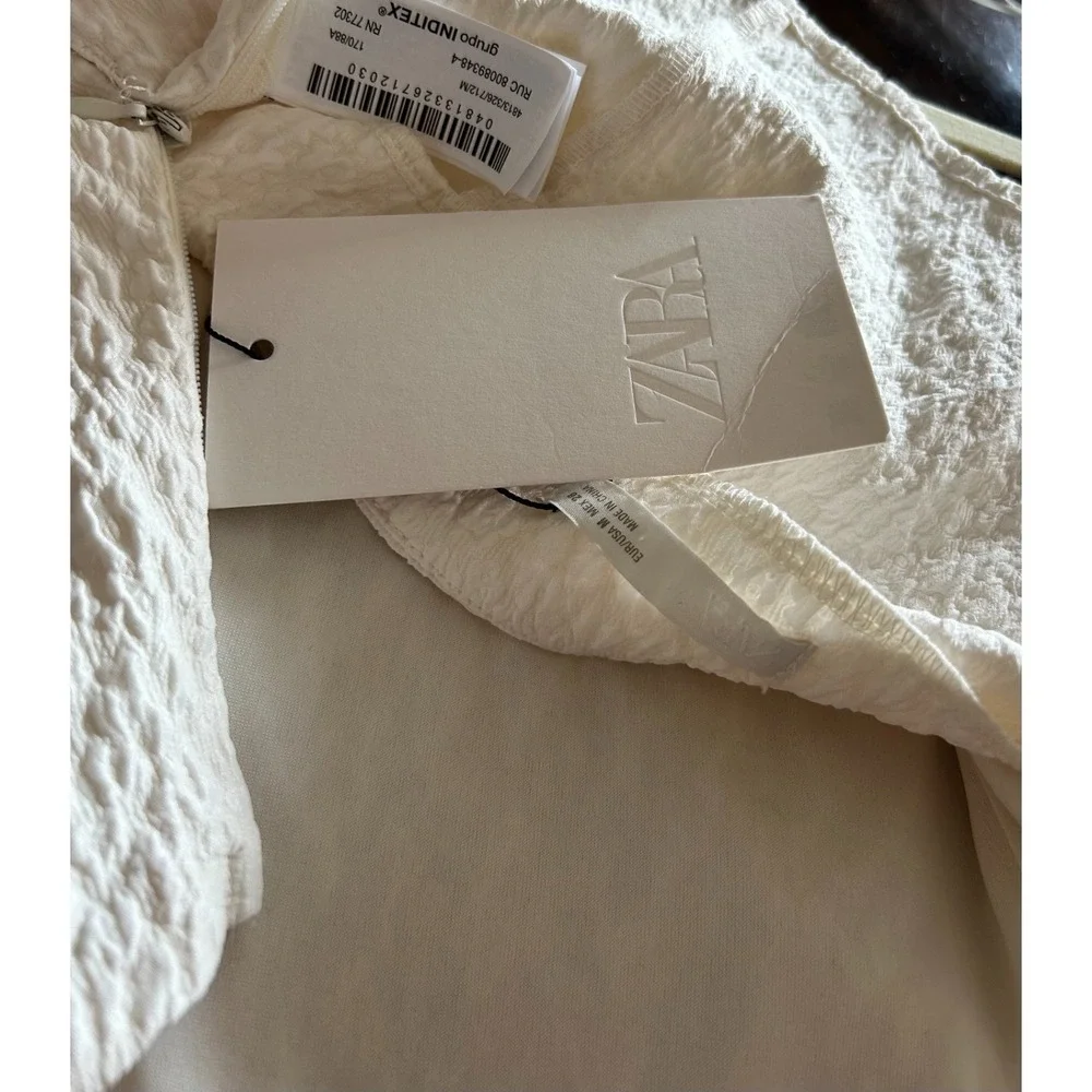 Zara Textured Puff Sleeve Crop Top NWT M Cream Square Neck Corset Blouse Barmaid